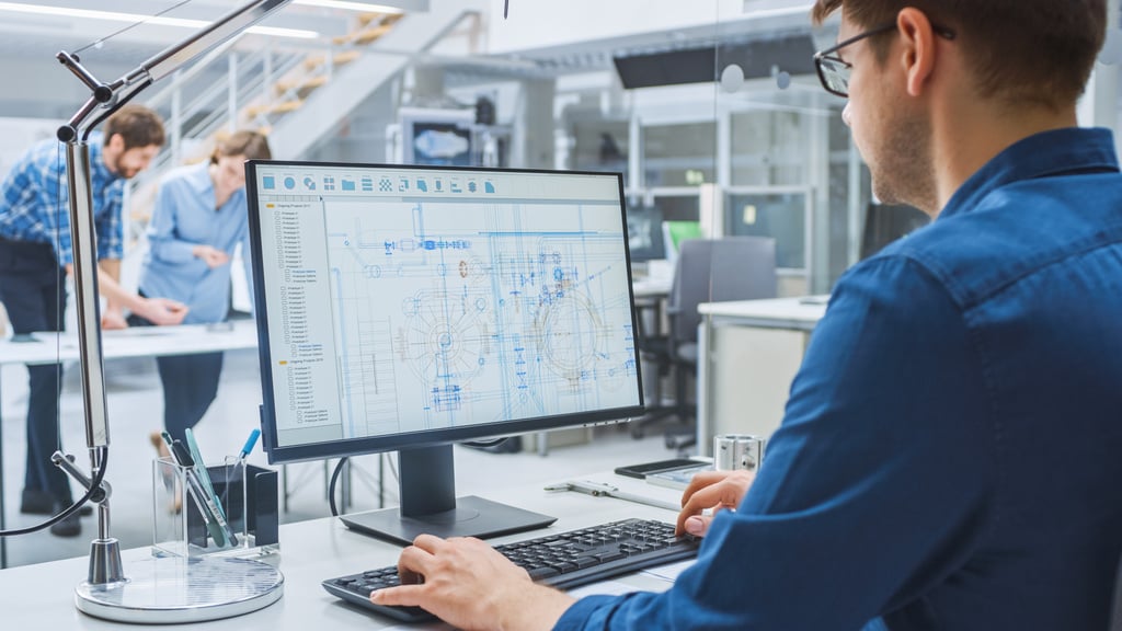 Over the Shoulder Shot of Engineer Working with CAD Software on Desktop Computer, Screen Shows Technical Drafts and Drawings. In the Background Engineering Facility Specialising on Industrial Design